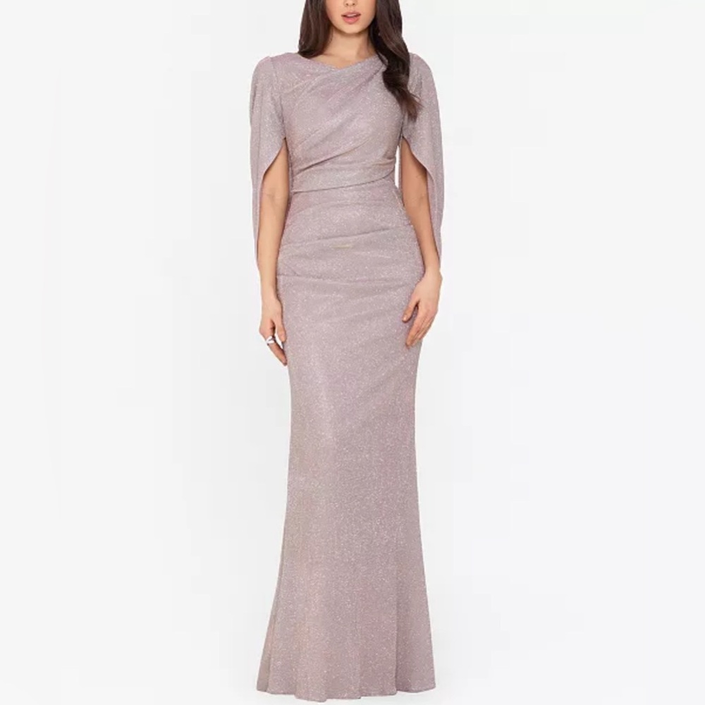 Betsy & Adam Glitter Drape-Back Cape Gown